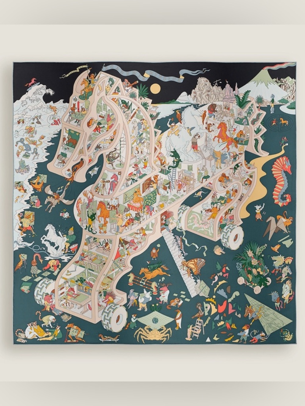 Hermes Illustrated Horse Carousel Silk Scarf in Teal and Cream